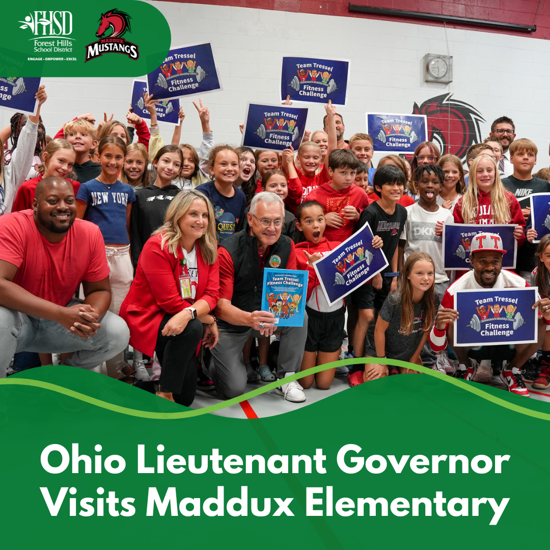 Group photo of Lt Gov Tressel with students and a title that says "Ohio Lieutenant Governor Visits Maddux Elementary"